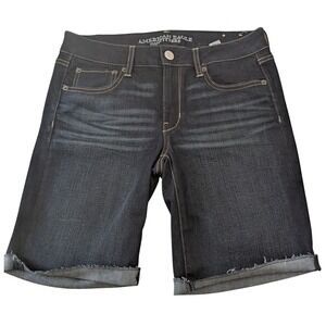 American Eagle Super Stretch Dark Wash Raw Hem Denim Shorts Womens 10 Indigo